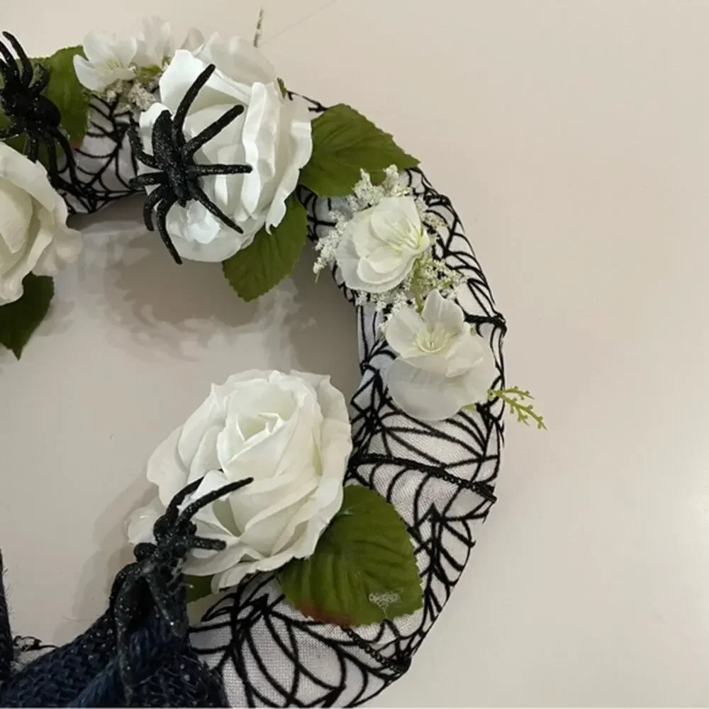 Halloween Spider Wreath White Roses Black Bow 11